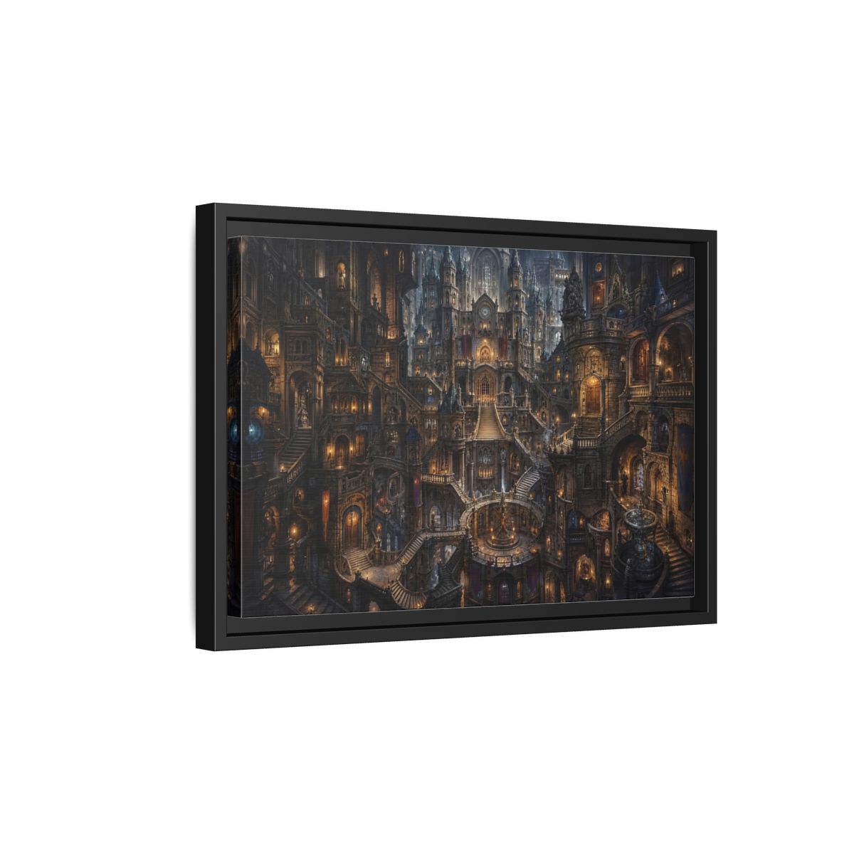 Side Mockup 6. Fairytale Fantasy City Gothic Fantasy City shown as stretched canvas wall art