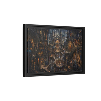 Side Mockup 6. Fairytale Fantasy City Gothic Fantasy City shown as stretched canvas wall art