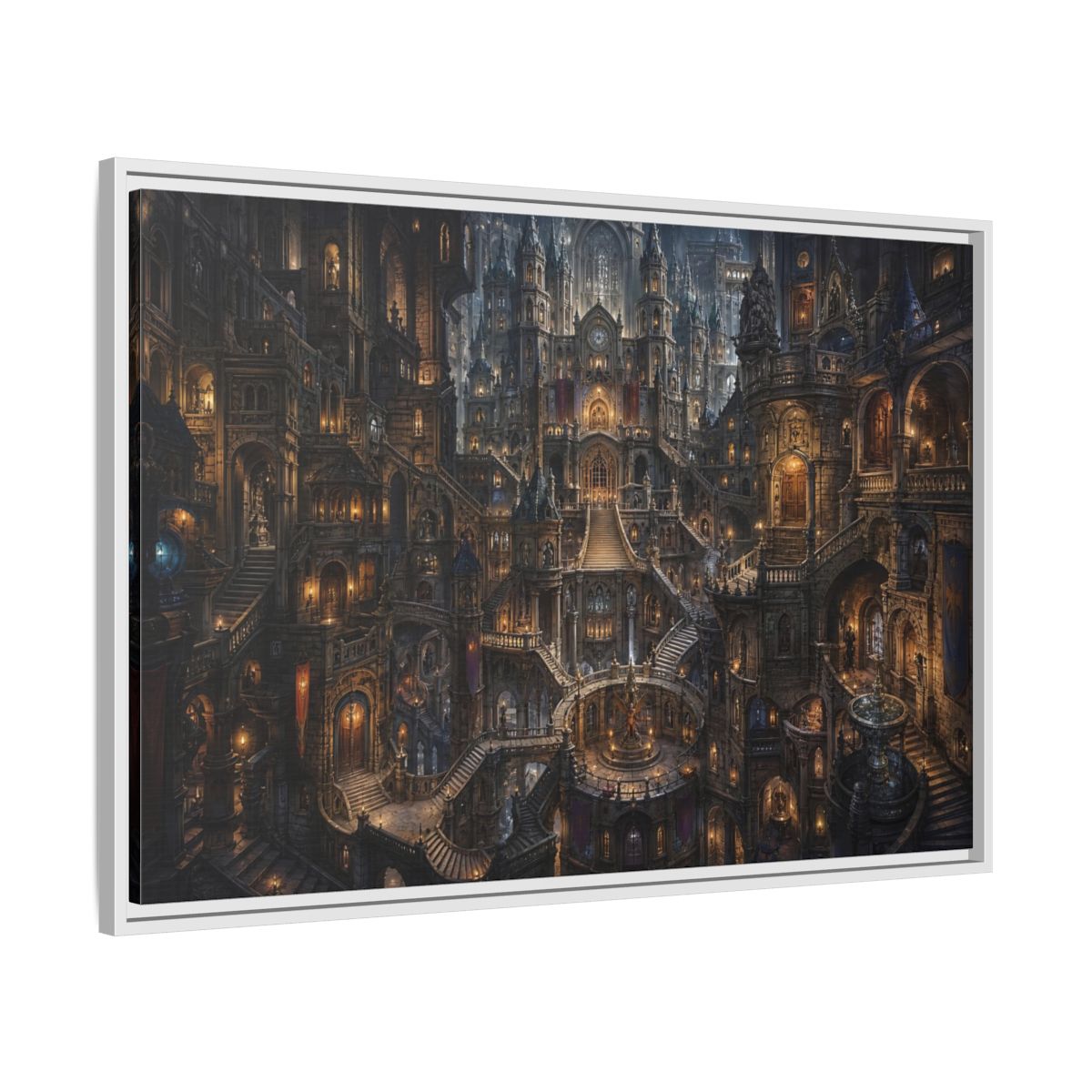 Side Mockup 9. Fairytale Fantasy City Gothic Fantasy City shown as stretched canvas wall art