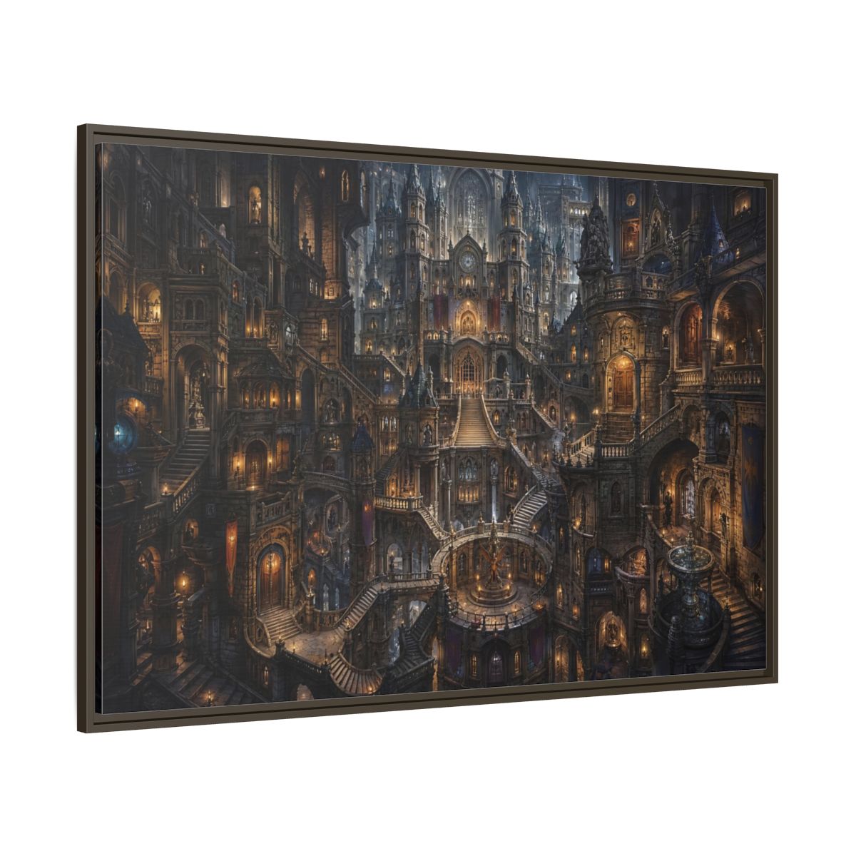 Side Mockup 8. Fairytale Fantasy City Gothic Fantasy City shown as stretched canvas wall art