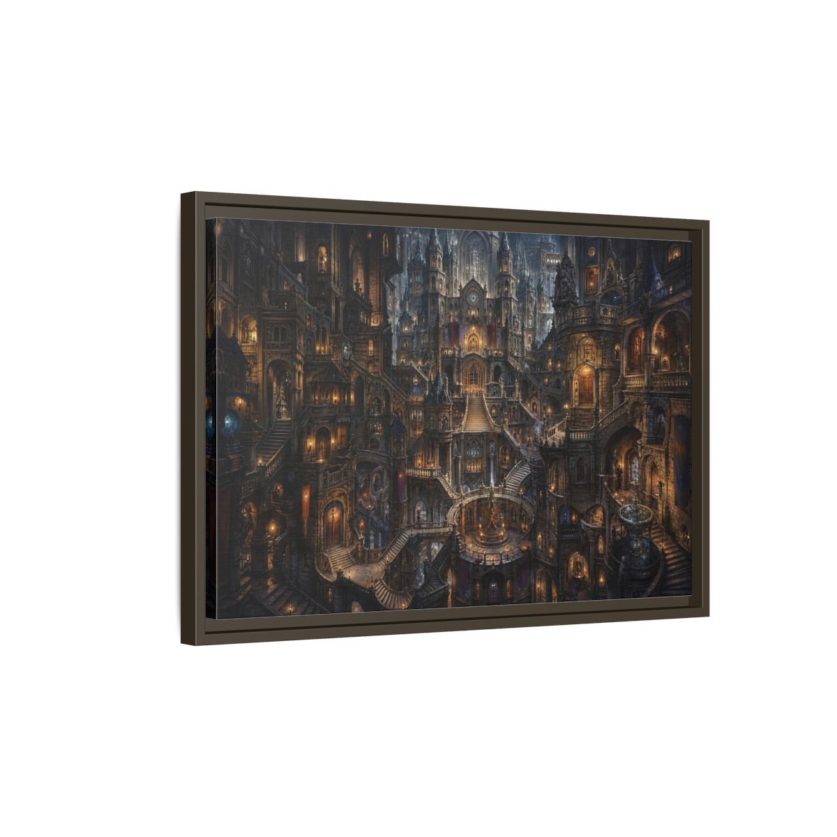 Side Mockup 2. Fairytale Fantasy City Gothic Fantasy City shown as stretched canvas wall art