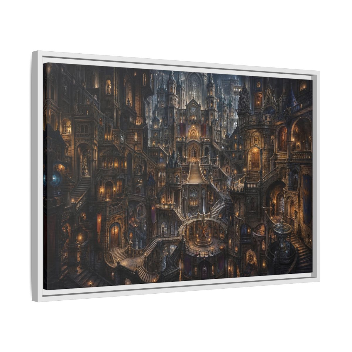 Side Mockup 10. Fairytale Fantasy City Gothic Fantasy City shown as stretched canvas wall art