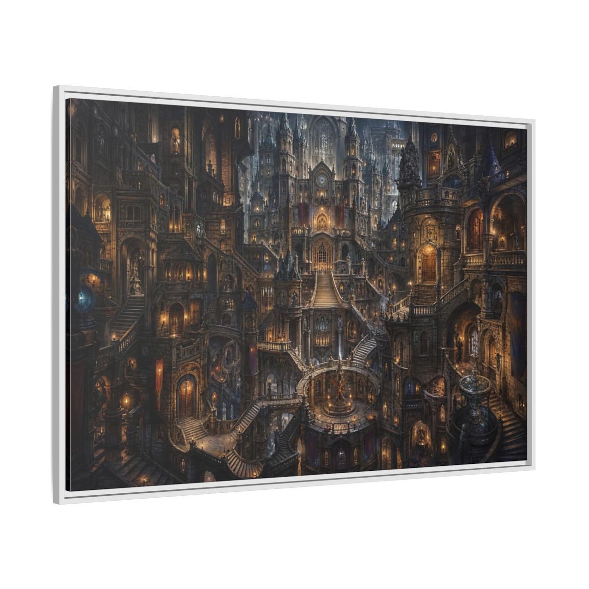 Side Mockup 7. Fairytale Fantasy City Gothic Fantasy City shown as stretched canvas wall art