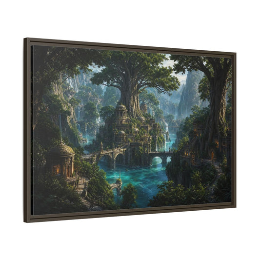 Main Mockup. Fairytale Fantasy City Green Fantasy Landscape shown as stretched canvas wall art