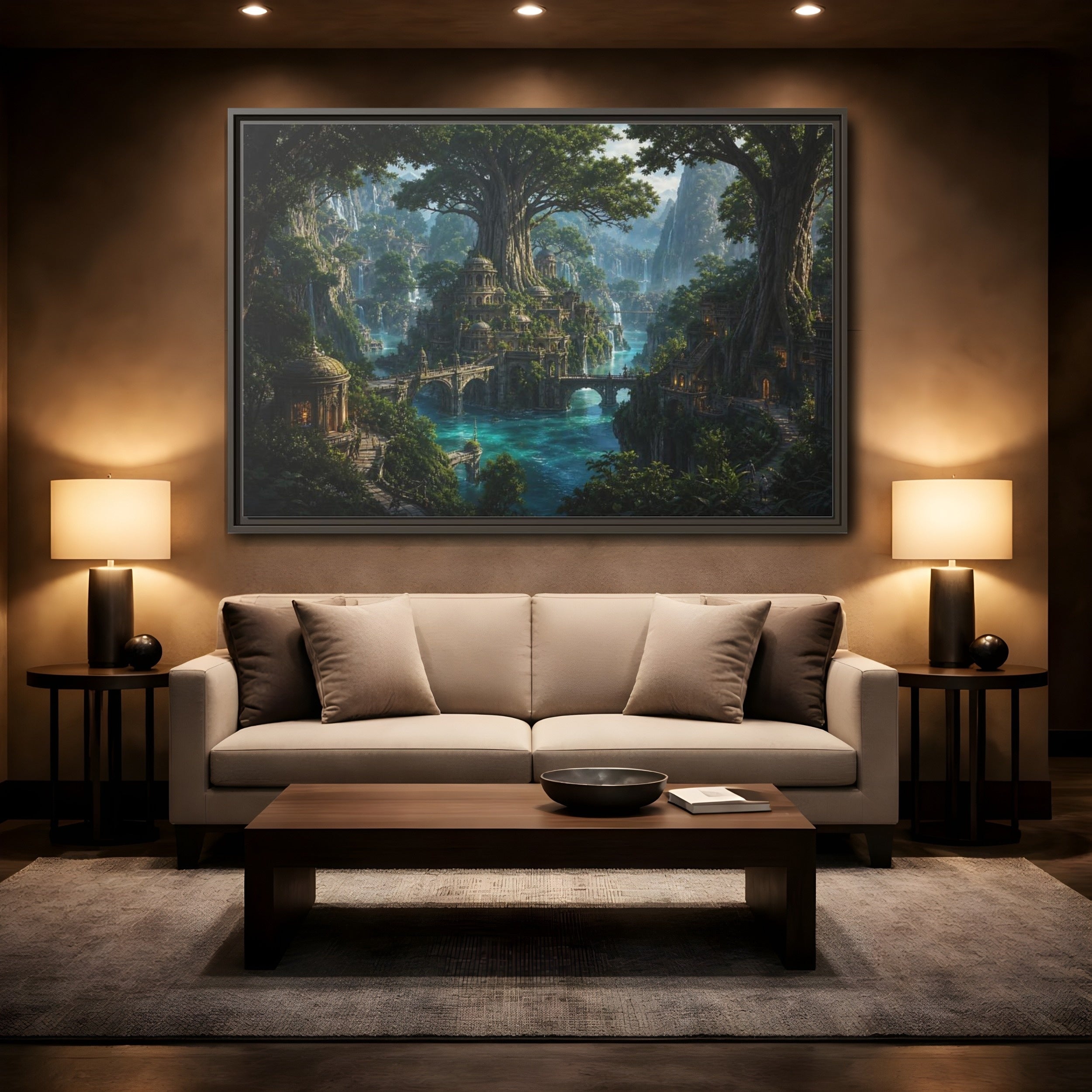Mockup 2. Fairytale Fantasy City Green Fantasy Landscape shown as stretched canvas wall art