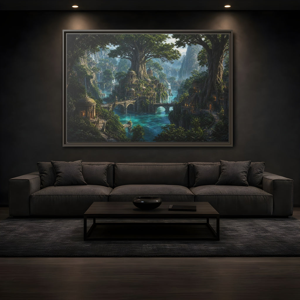 Mockup 3. Fairytale Fantasy City Green Fantasy Landscape shown as stretched canvas wall art