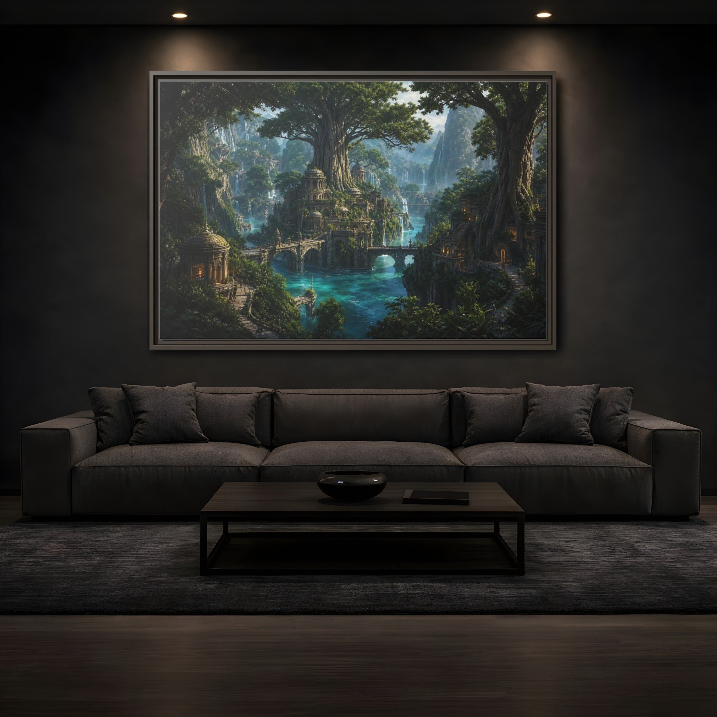 Mockup 3. Fairytale Fantasy City Green Fantasy Landscape shown as stretched canvas wall art