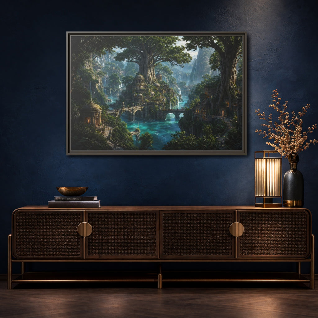 Mockup 4. Fairytale Fantasy City Green Fantasy Landscape shown as stretched canvas wall art