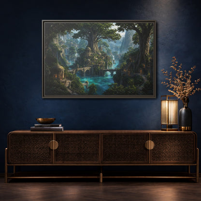 Mockup 4. Fairytale Fantasy City Green Fantasy Landscape shown as stretched canvas wall art