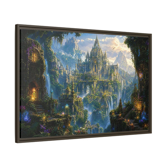 Main Mockup. Fairytale Fantasy City Green Gold Fantasy shown as stretched canvas wall art