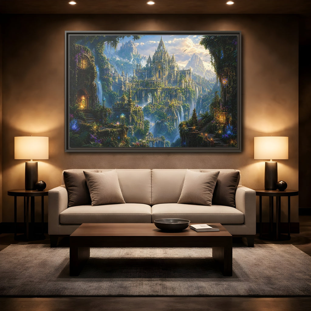 Mockup 2. Fairytale Fantasy City Green Gold Fantasy shown as stretched canvas wall art