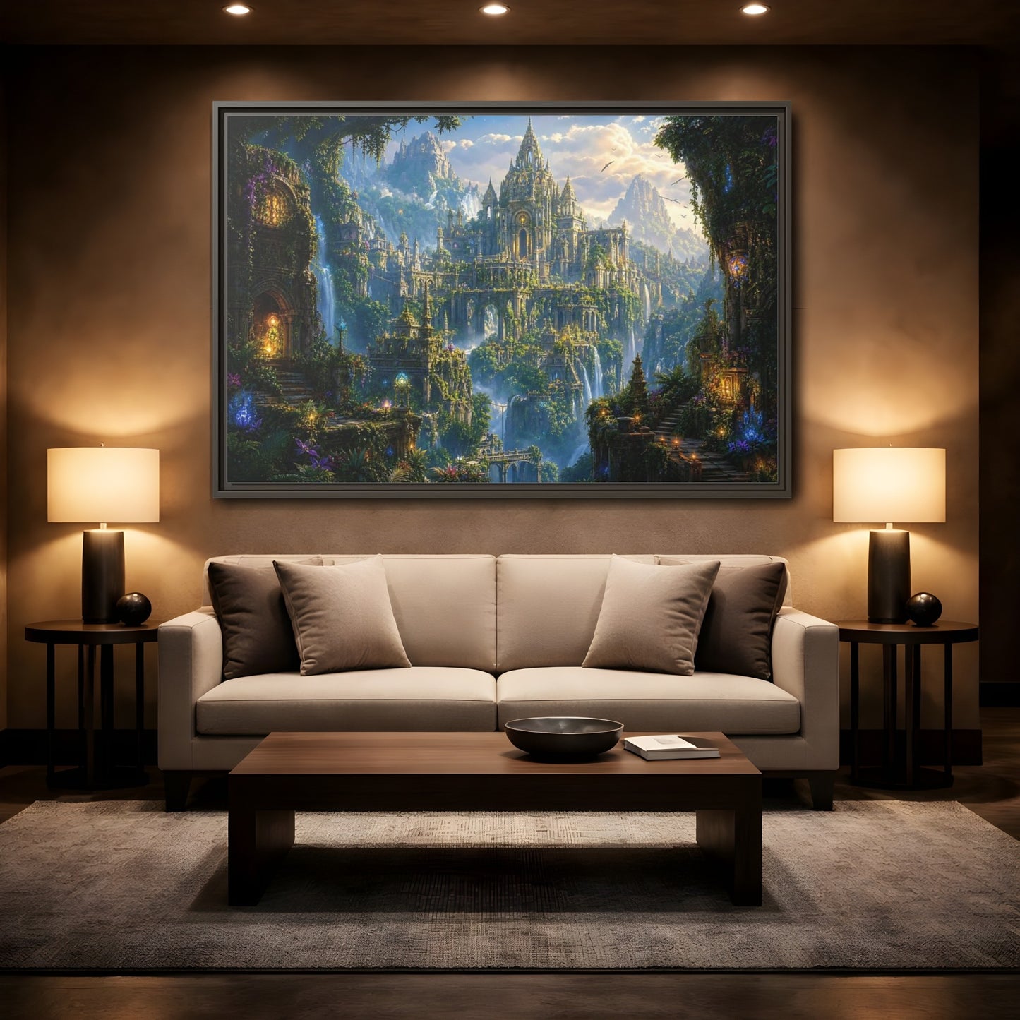 Mockup 2. Fairytale Fantasy City Green Gold Fantasy shown as stretched canvas wall art