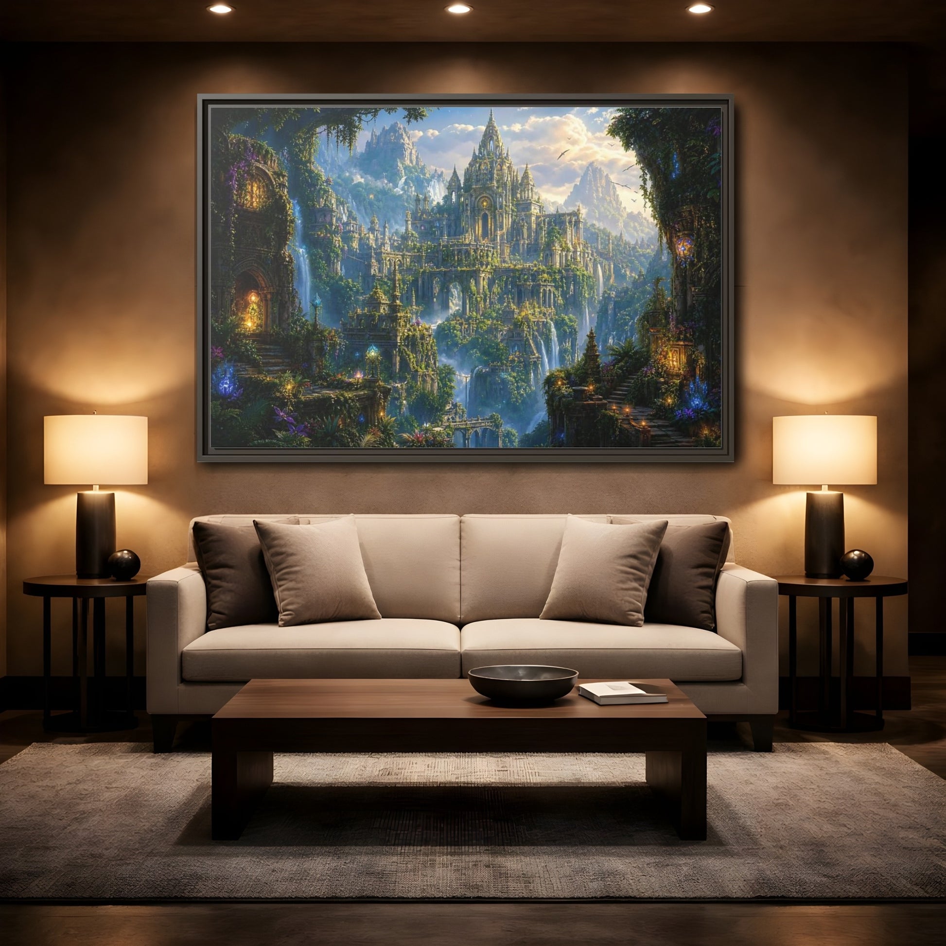 Mockup 2. Fairytale Fantasy City Green Gold Fantasy shown as stretched canvas wall art