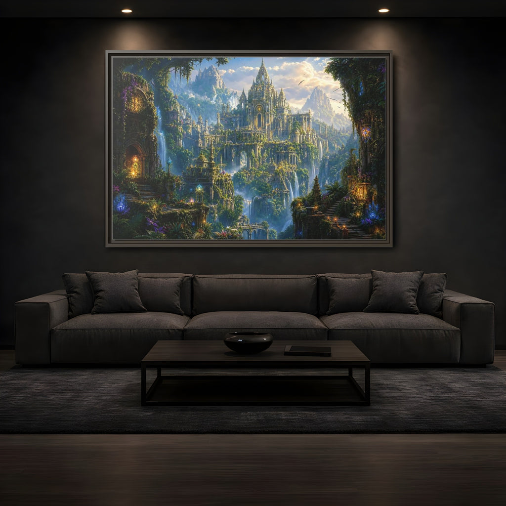Mockup 3. Fairytale Fantasy City Green Gold Fantasy shown as stretched canvas wall art