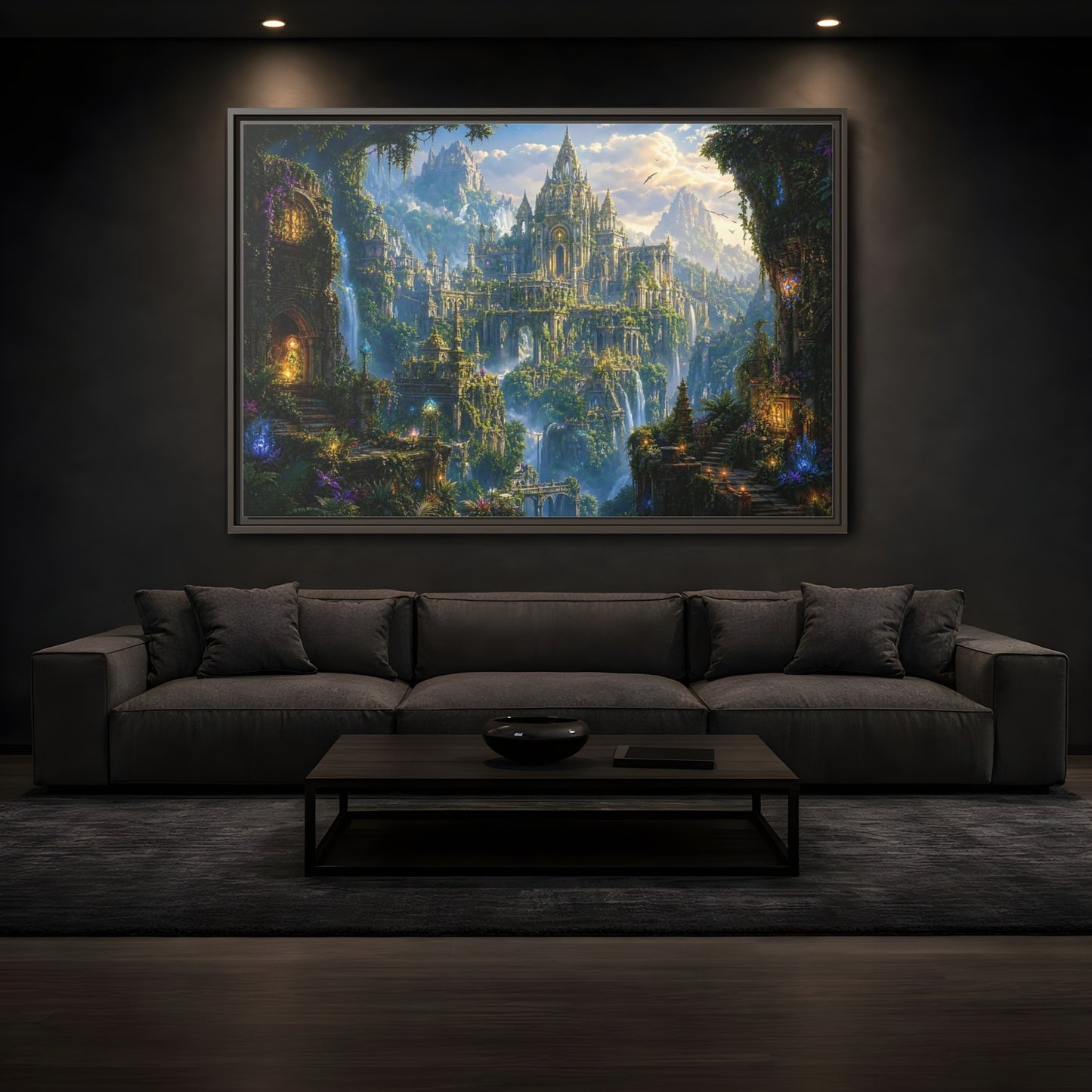 Mockup 3. Fairytale Fantasy City Green Gold Fantasy shown as stretched canvas wall art