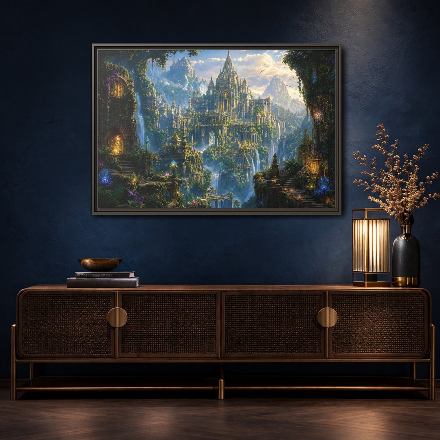 Mockup 4. Fairytale Fantasy City Green Gold Fantasy shown as stretched canvas wall art
