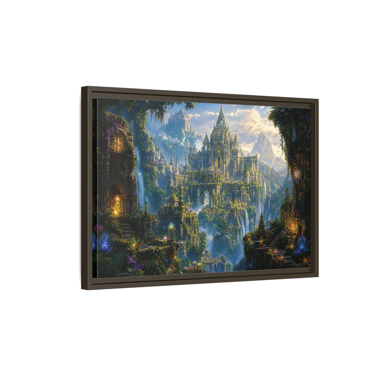 Side Mockup 2. Fairytale Fantasy City Green Gold Fantasy shown as stretched canvas wall art