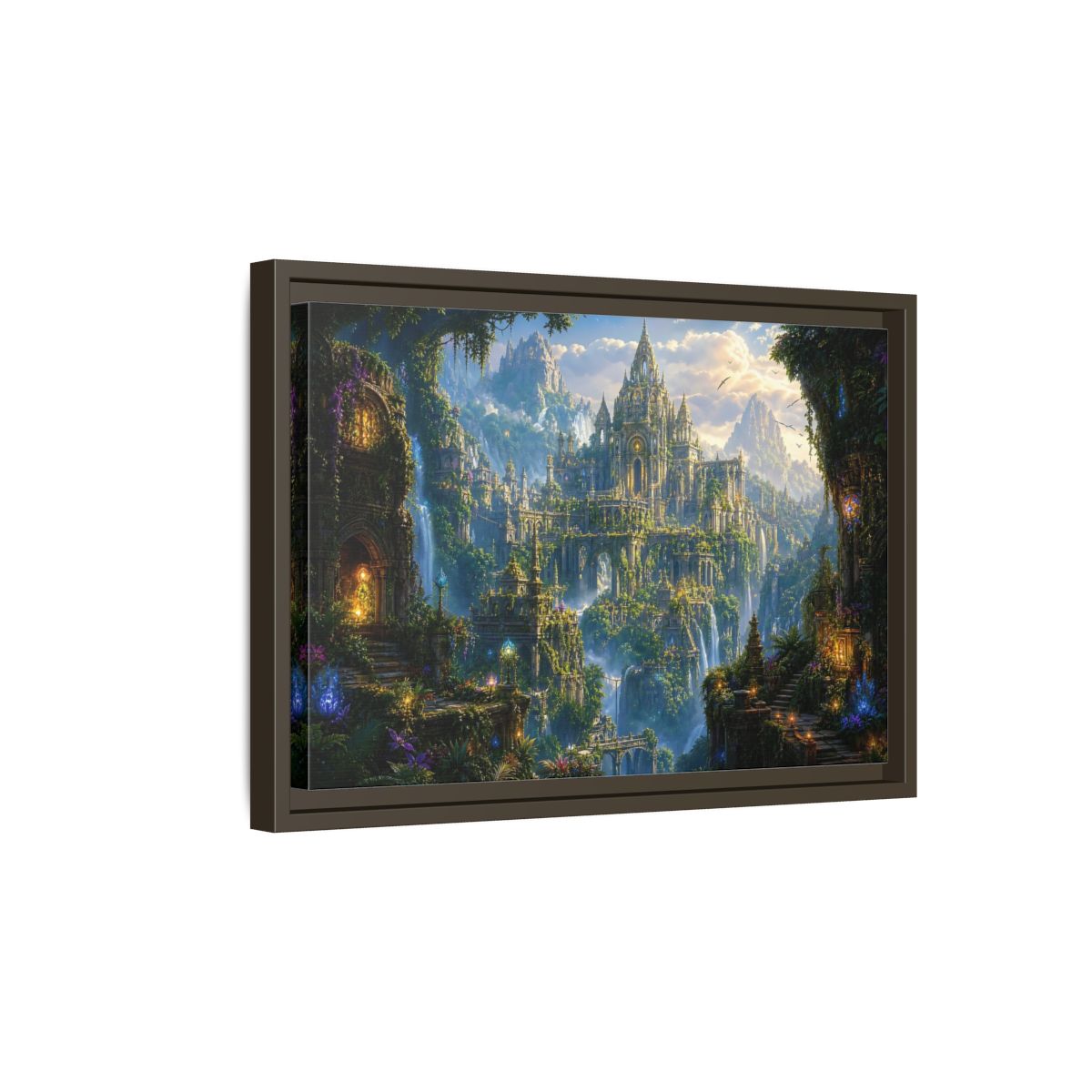 Side Mockup 5. Fairytale Fantasy City Green Gold Fantasy shown as stretched canvas wall art