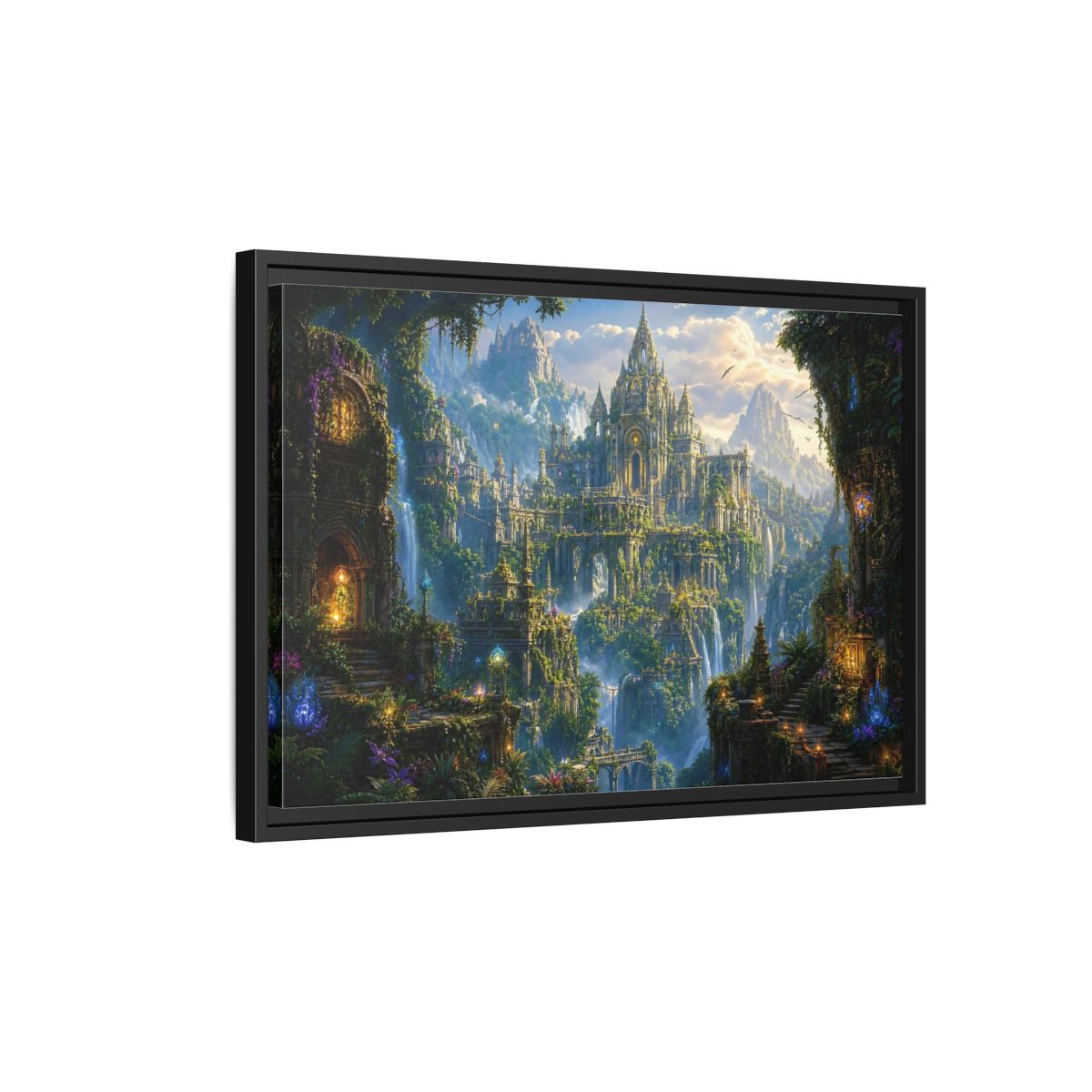 Side Mockup 3. Fairytale Fantasy City Green Gold Fantasy shown as stretched canvas wall art