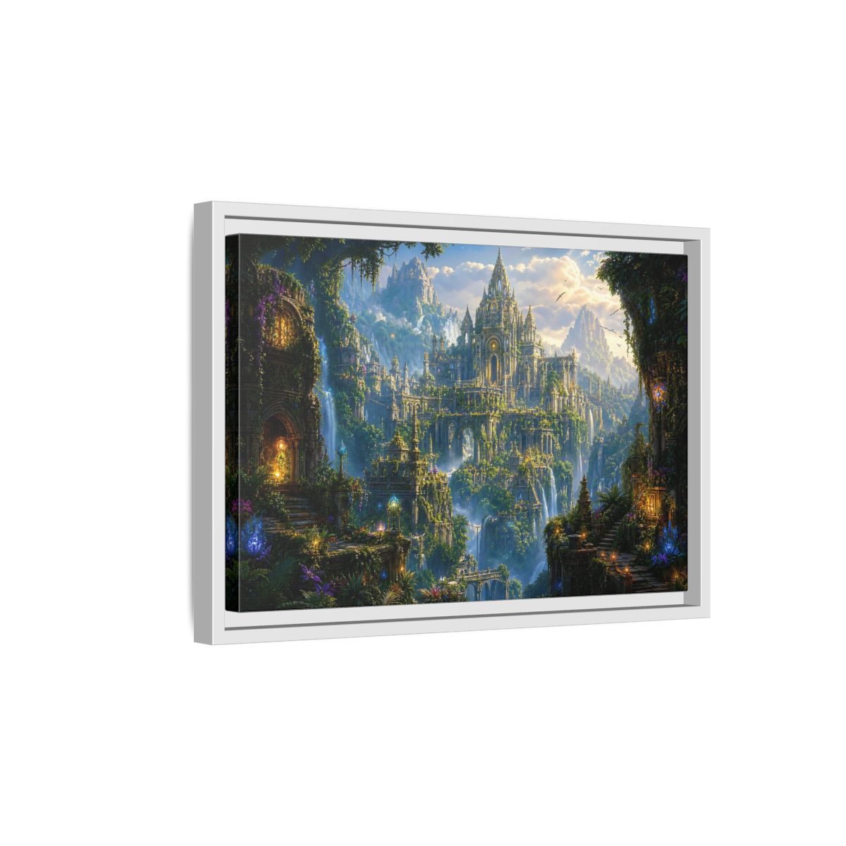 Side Mockup 4. Fairytale Fantasy City Green Gold Fantasy shown as stretched canvas wall art