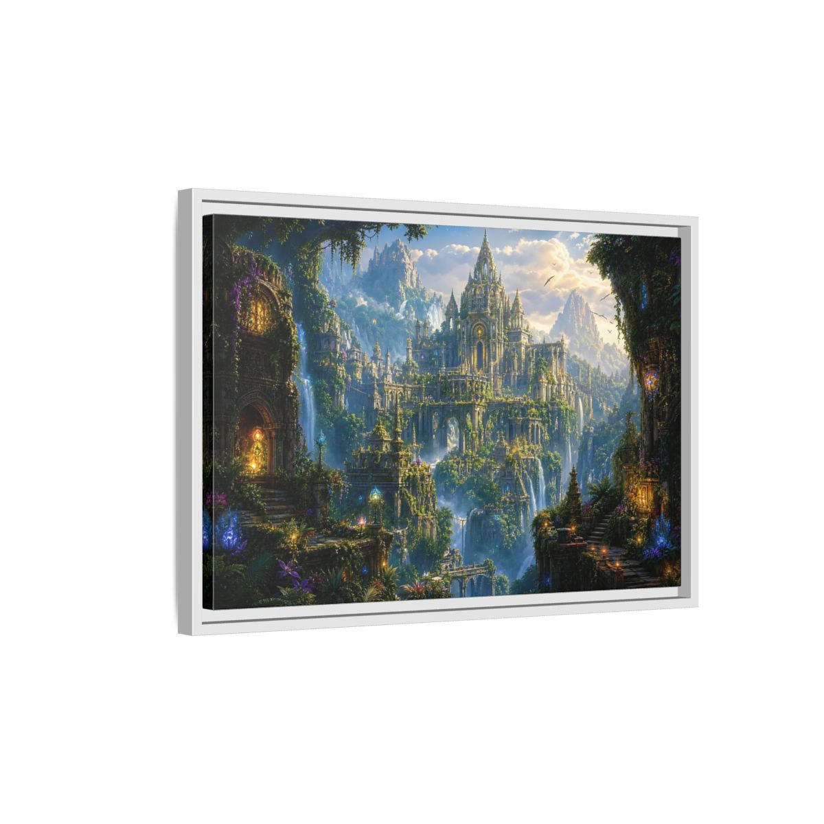Side Mockup 1. Fairytale Fantasy City Green Gold Fantasy shown as stretched canvas wall art