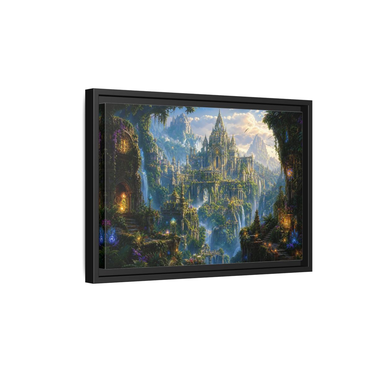 Side Mockup 6. Fairytale Fantasy City Green Gold Fantasy shown as stretched canvas wall art