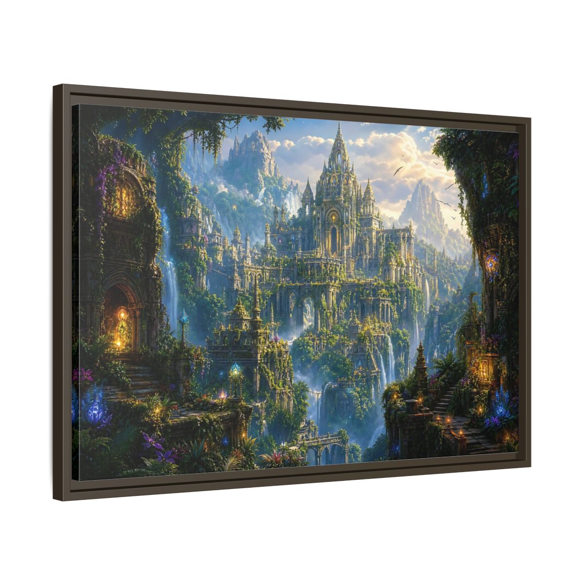 Side Mockup 11. Fairytale Fantasy City Green Gold Fantasy shown as stretched canvas wall art