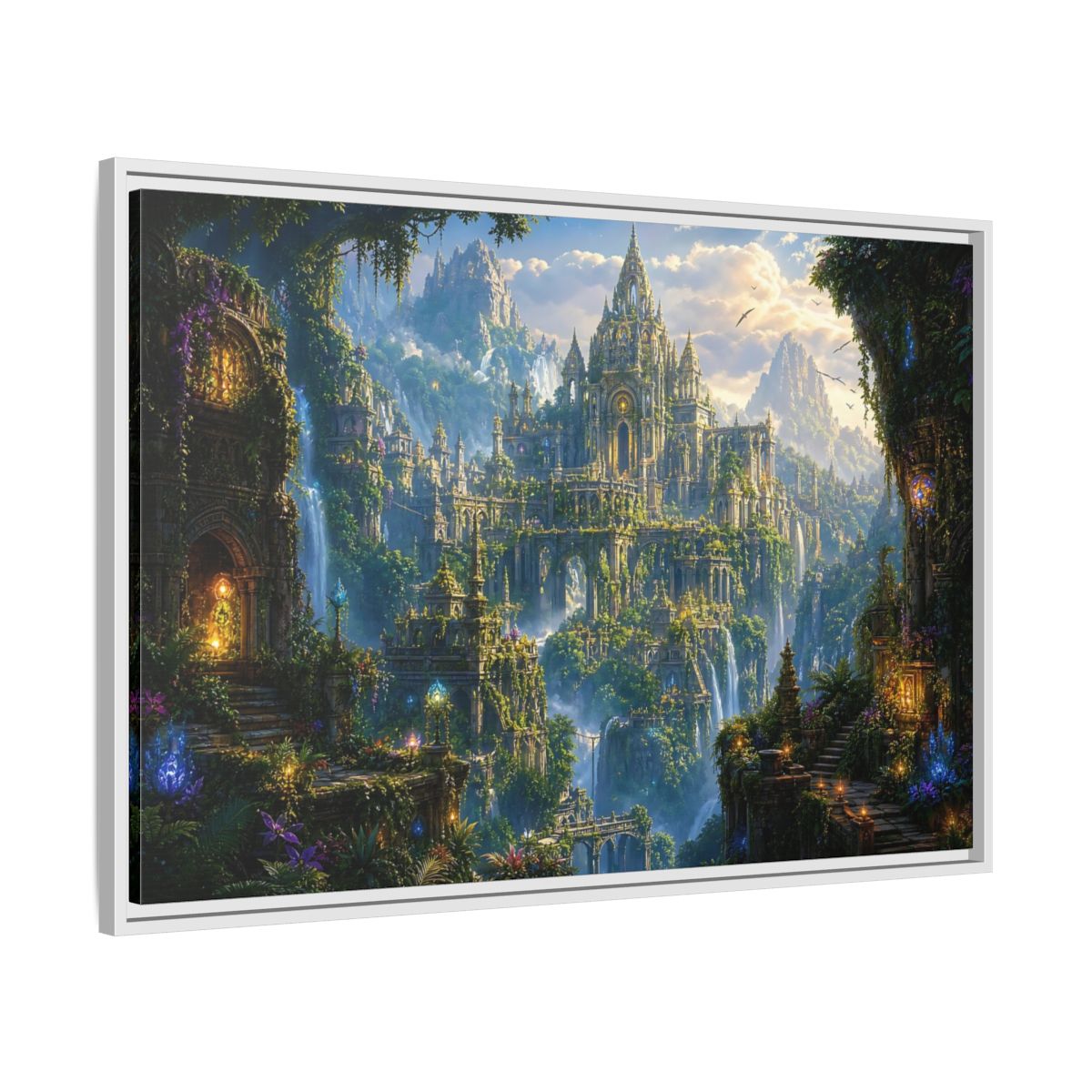 Side Mockup 9. Fairytale Fantasy City Green Gold Fantasy shown as stretched canvas wall art
