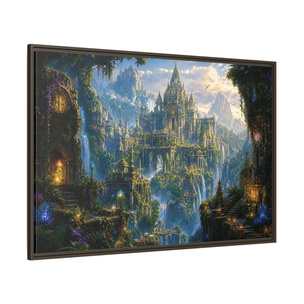 Side Mockup 8. Fairytale Fantasy City Green Gold Fantasy shown as stretched canvas wall art