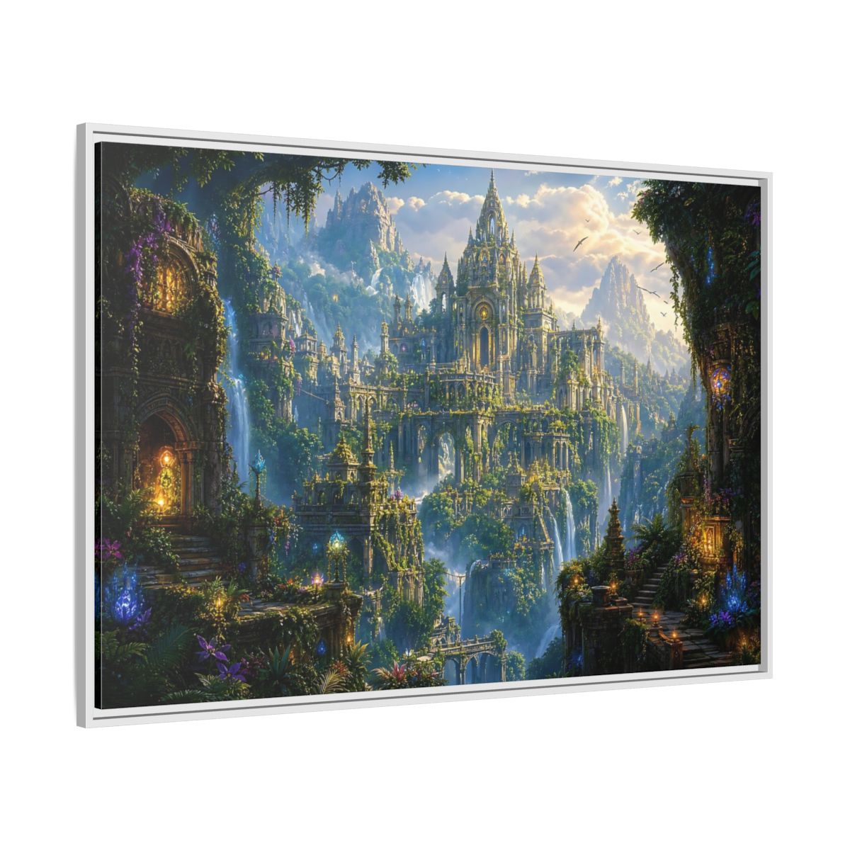 Side Mockup 7. Fairytale Fantasy City Green Gold Fantasy shown as stretched canvas wall art