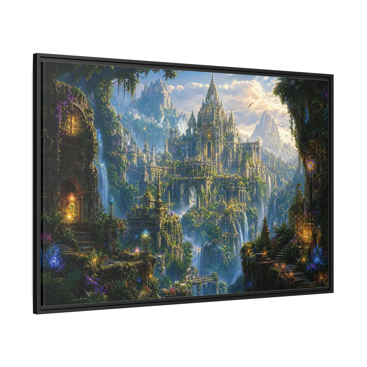 Side Mockup 12. Fairytale Fantasy City Green Gold Fantasy shown as stretched canvas wall art