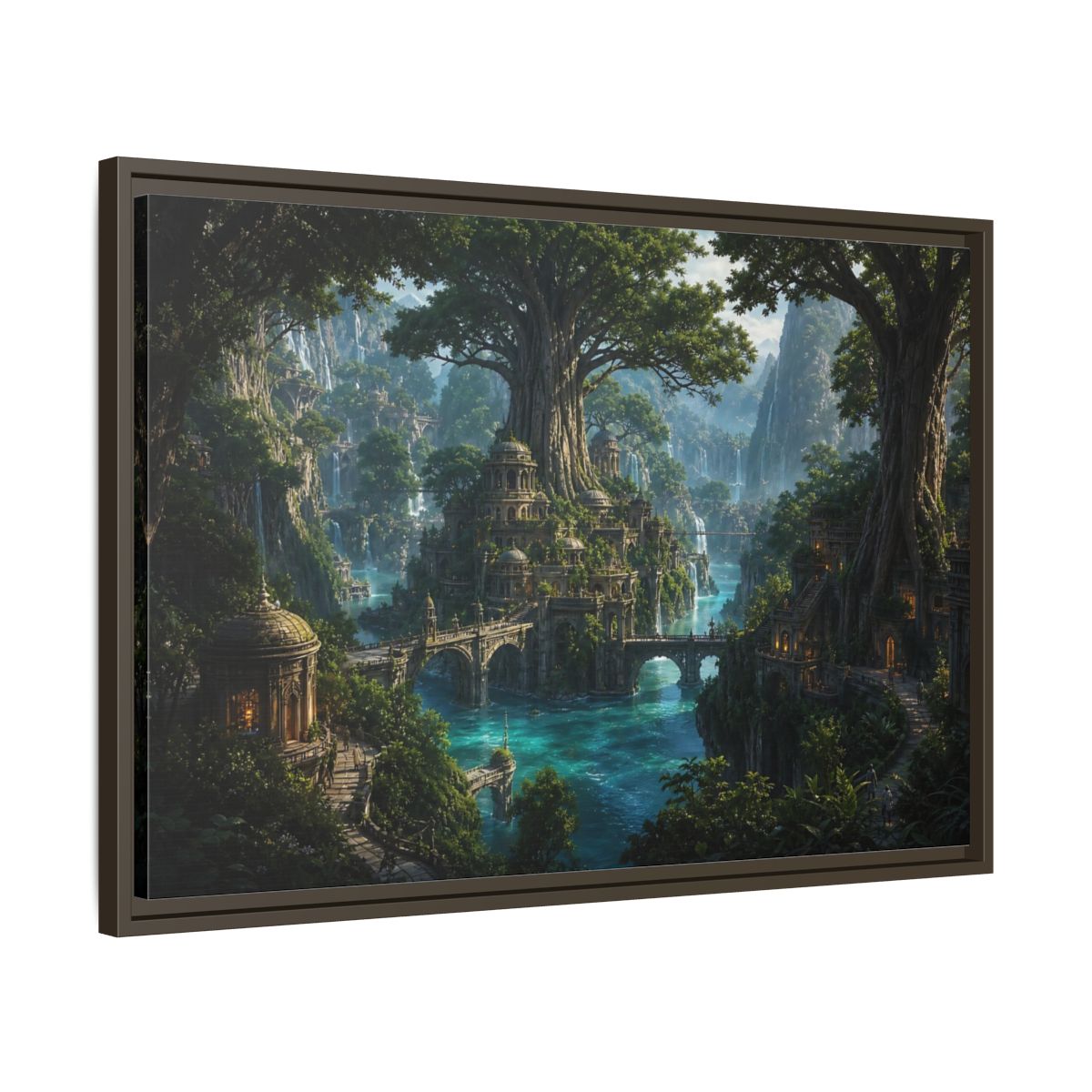 Side Mockup 11. Fairytale Fantasy City Green Fantasy Landscape shown as stretched canvas wall art