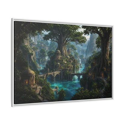 Side Mockup 7. Fairytale Fantasy City Green Fantasy Landscape shown as stretched canvas wall art