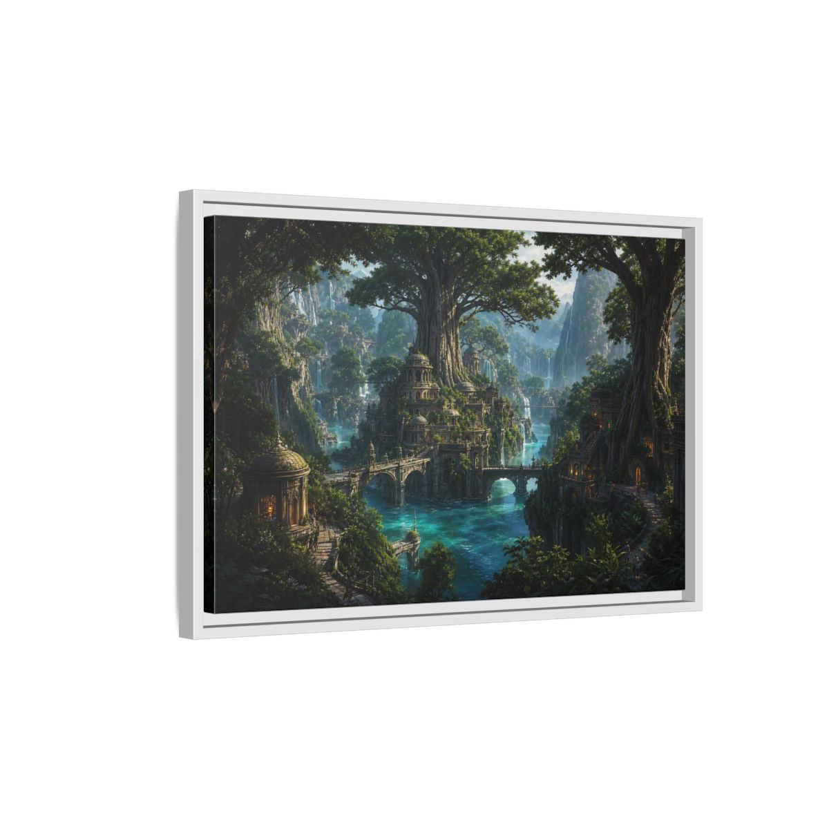 Side Mockup 1. Fairytale Fantasy City Green Fantasy Landscape shown as stretched canvas wall art