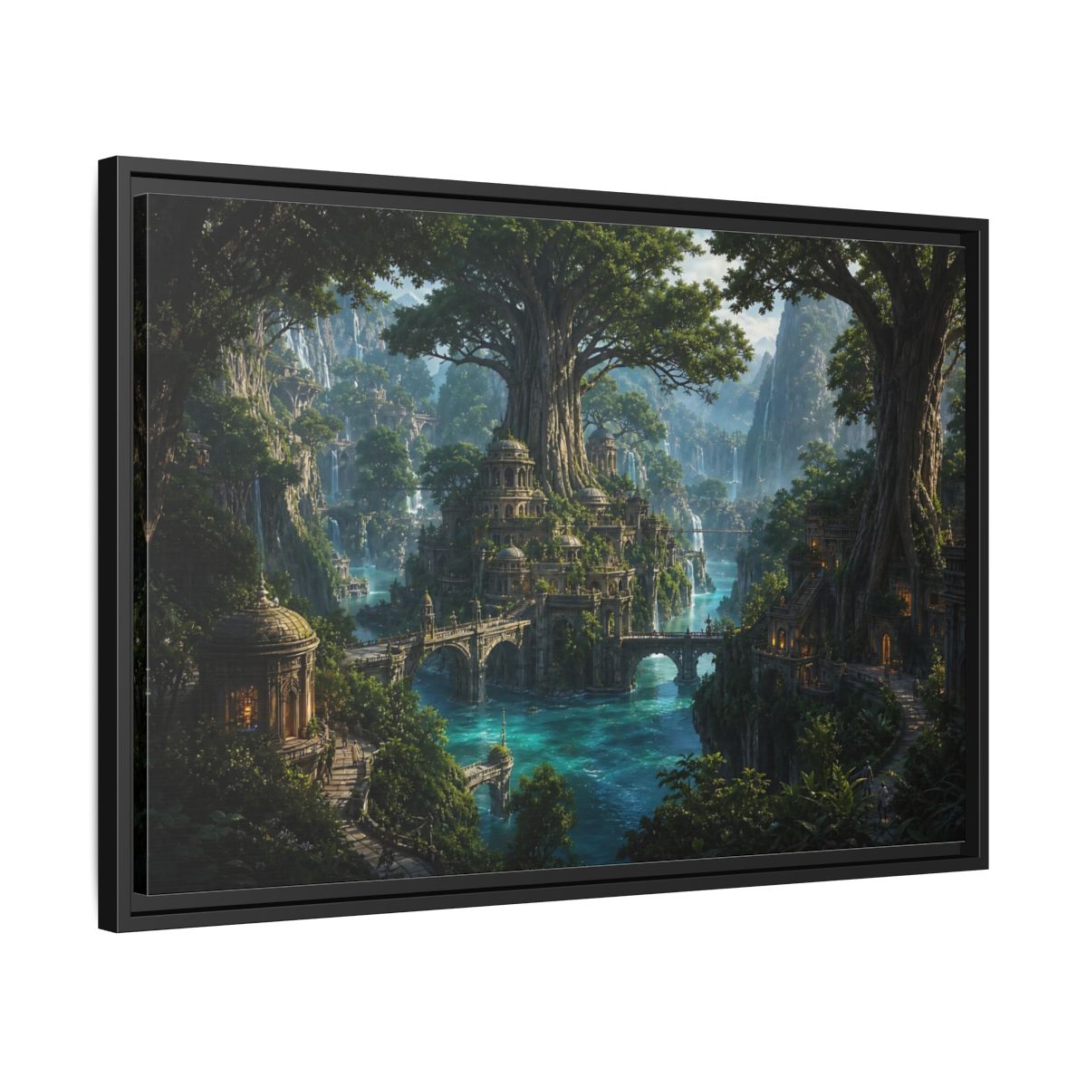 Side Mockup 14. Fairytale Fantasy City Green Fantasy Landscape shown as stretched canvas wall art
