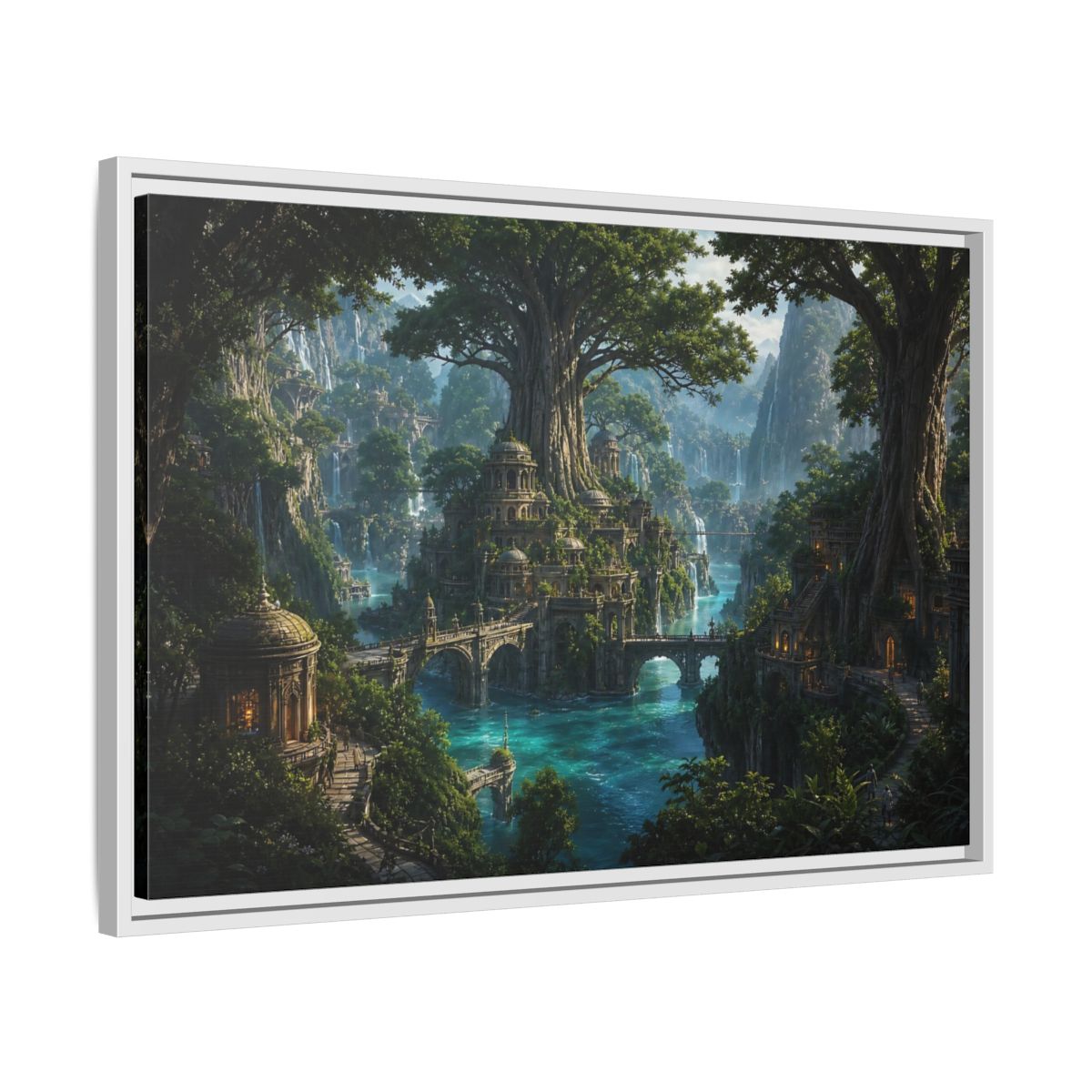 Side Mockup 10. Fairytale Fantasy City Green Fantasy Landscape shown as stretched canvas wall art