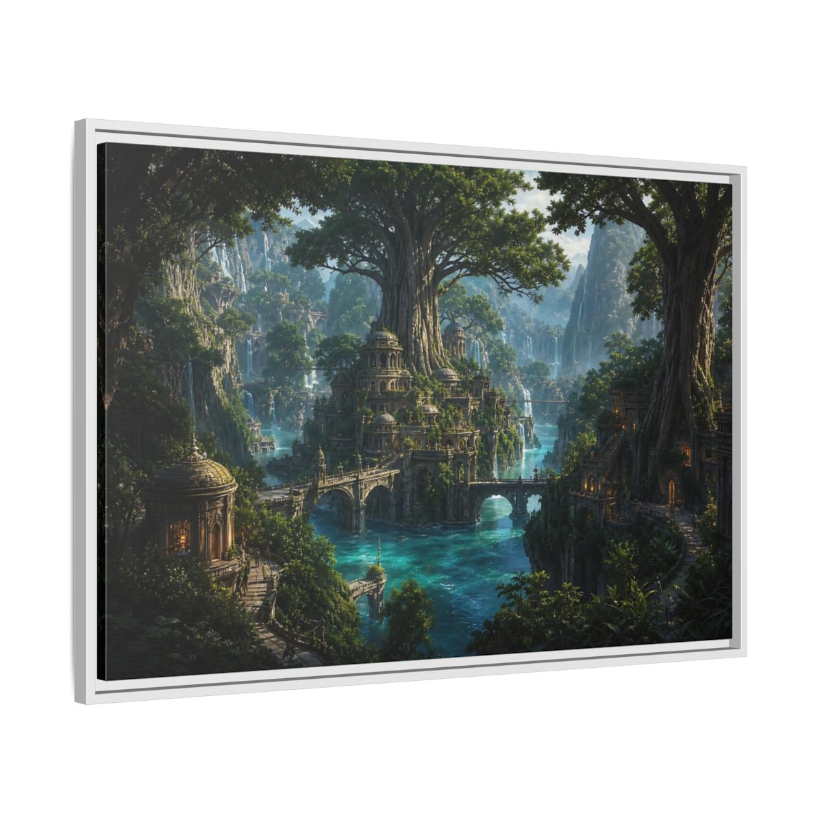 Side Mockup 9. Fairytale Fantasy City Green Fantasy Landscape shown as stretched canvas wall art
