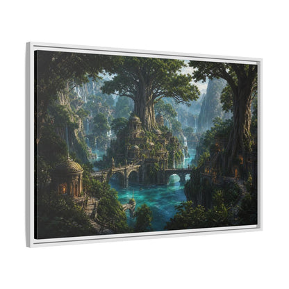Side Mockup 9. Fairytale Fantasy City Green Fantasy Landscape shown as stretched canvas wall art