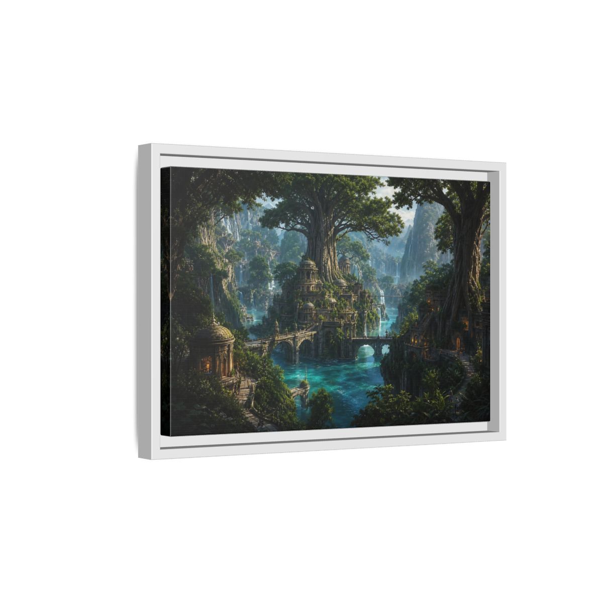 Side Mockup 4. Fairytale Fantasy City Green Fantasy Landscape shown as stretched canvas wall art