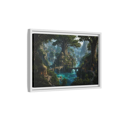 Side Mockup 4. Fairytale Fantasy City Green Fantasy Landscape shown as stretched canvas wall art