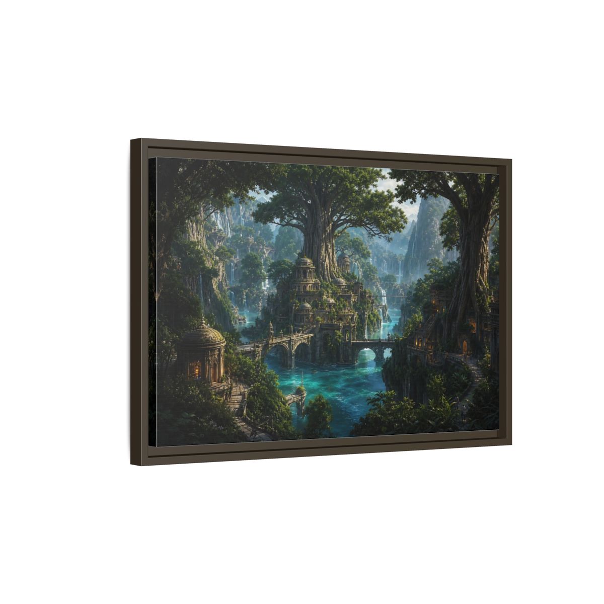 Side Mockup 2. Fairytale Fantasy City Green Fantasy Landscape shown as stretched canvas wall art