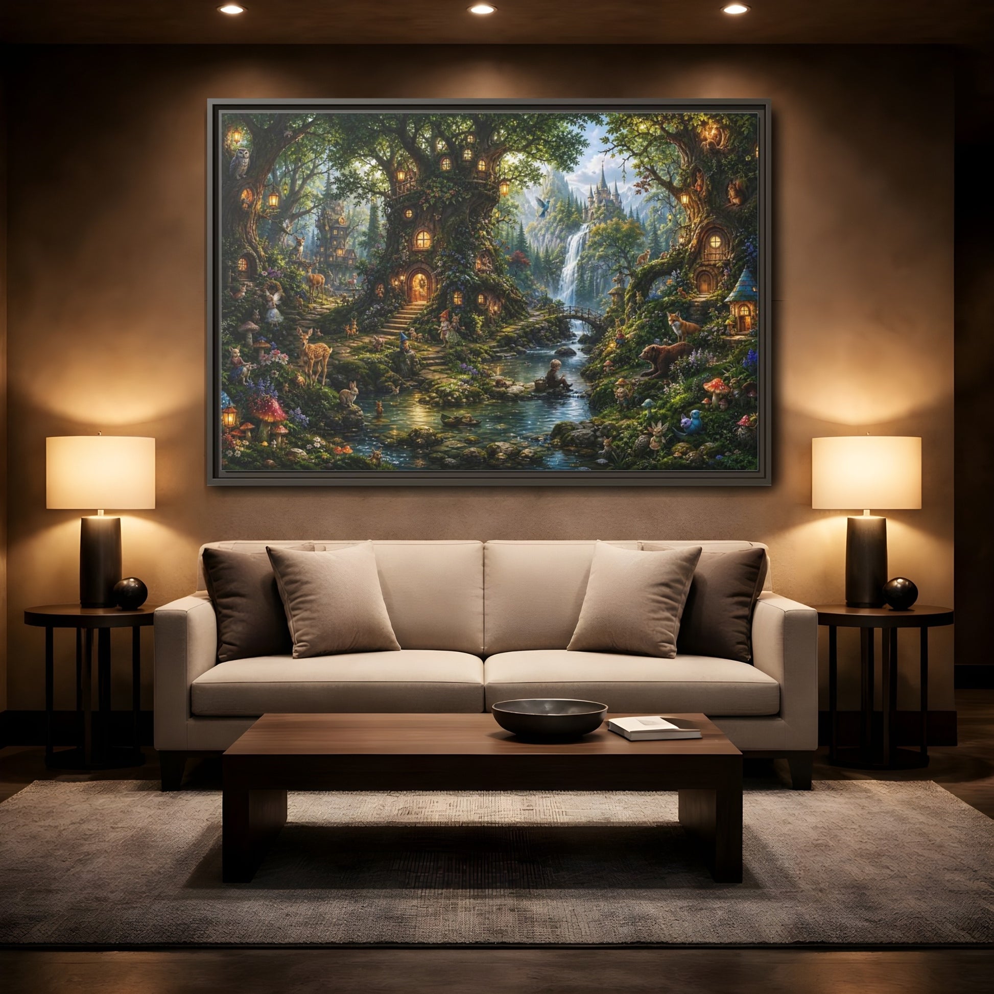 Mockup 2. Fairytale Fantasy Forest Enchanted Forest Green shown as stretched canvas wall art