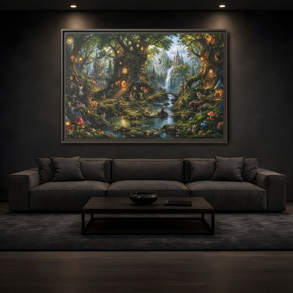 Mockup 3. Fairytale Fantasy Forest Enchanted Forest Green shown as stretched canvas wall art