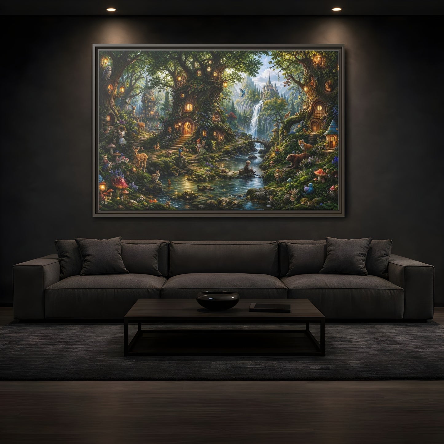 Mockup 3. Fairytale Fantasy Forest Enchanted Forest Green shown as stretched canvas wall art