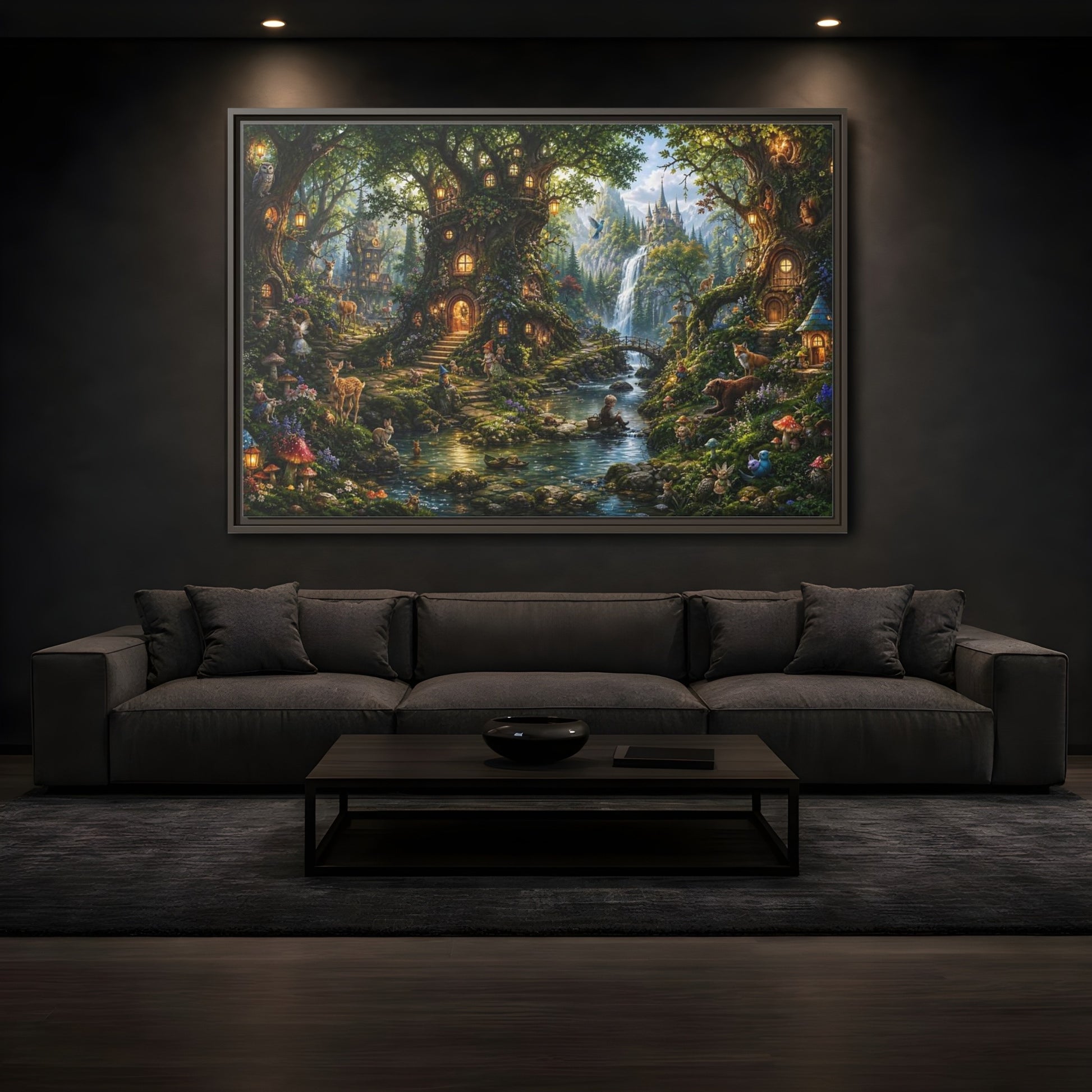 Mockup 3. Fairytale Fantasy Forest Enchanted Forest Green shown as stretched canvas wall art