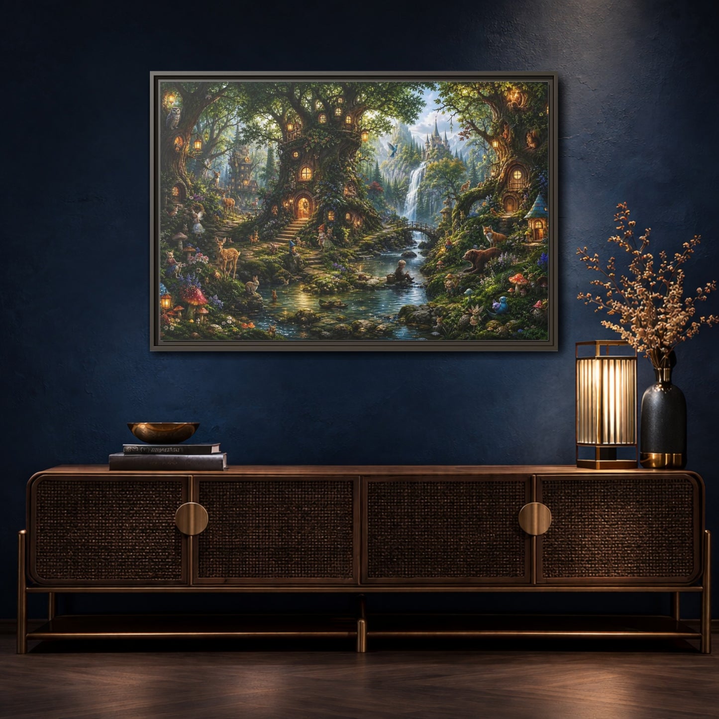 Mockup 4. Fairytale Fantasy Forest Enchanted Forest Green shown as stretched canvas wall art