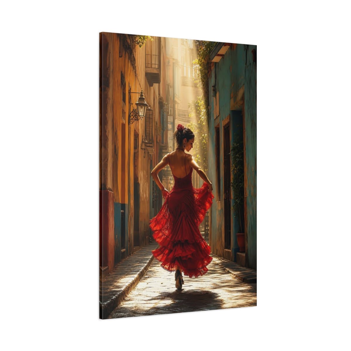 Side Mockup 1. Fairytale Flamenco Dancer Red Dress Dancer shown as canvas print