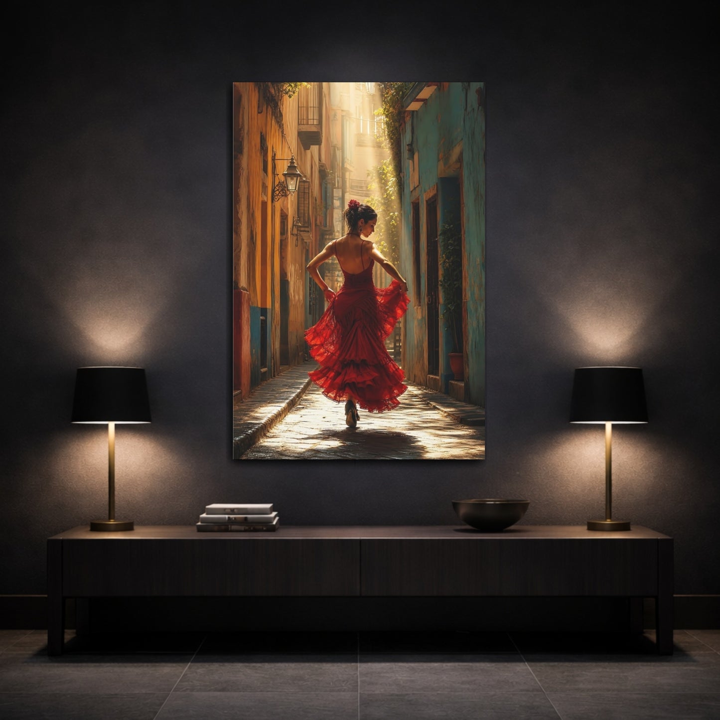Mockup 3. Fairytale Flamenco Dancer Red Dress Dancer shown as canvas print