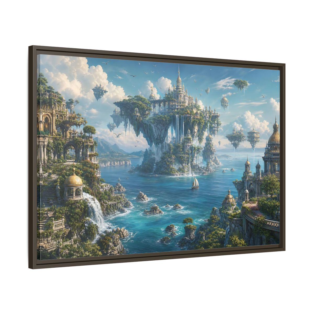 Main Mockup. Fairytale Floating City Fantasy Landscape shown as stretched canvas wall art