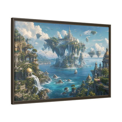 Main Mockup. Fairytale Floating City Fantasy Landscape shown as stretched canvas wall art